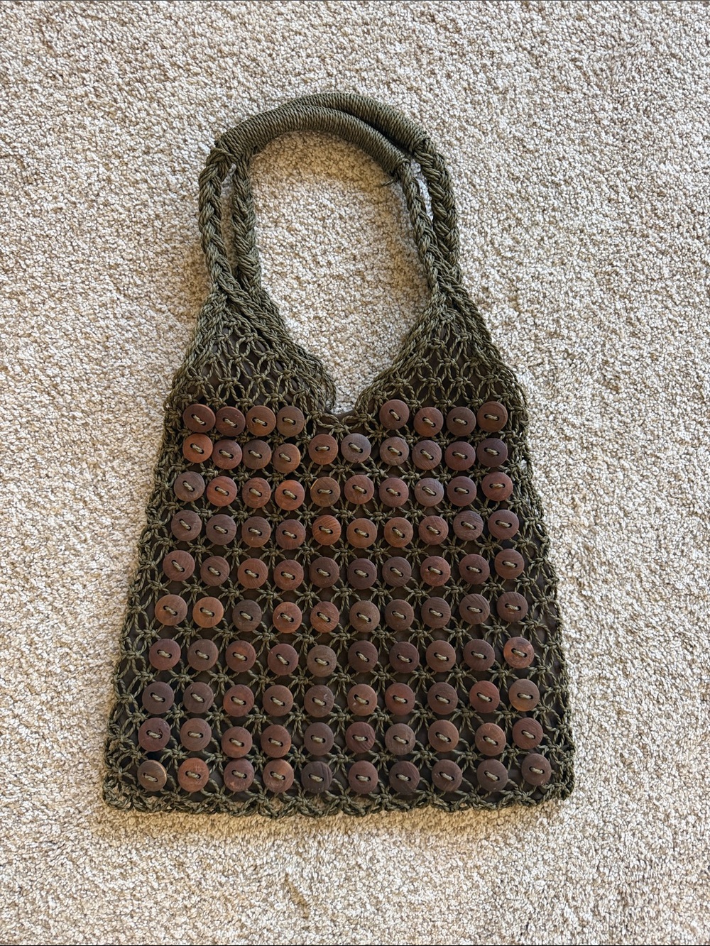 90’ Capella Straworld Crochet Macrame Tote Wooden Button Slouchy Boho Bag